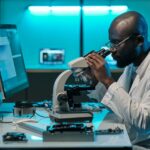 Young serious male researcher in whitecoat looking in microscope